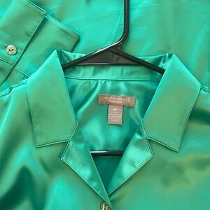 Investments Petites Emerald Satin Button Down Blouse Size 8P